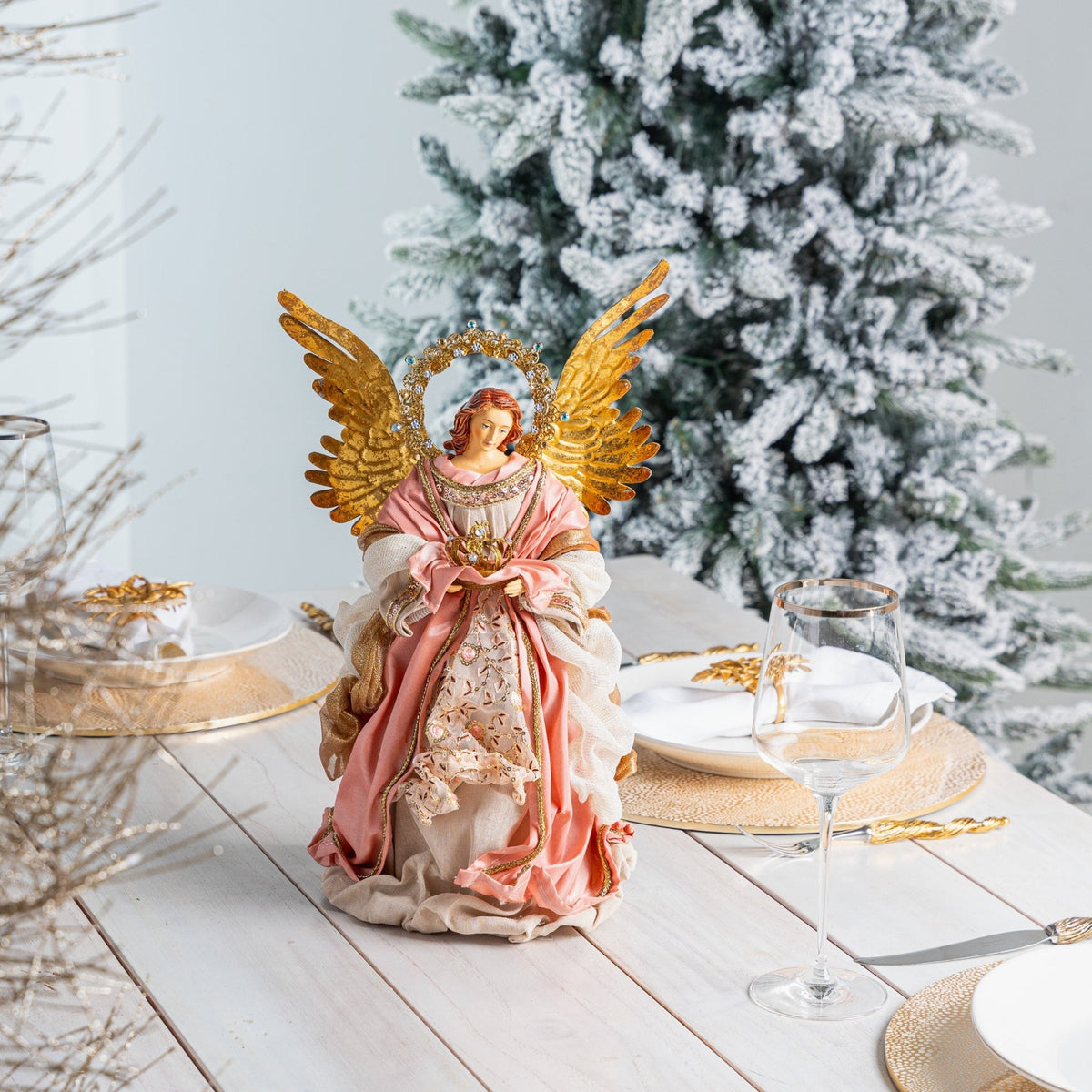 Christmas Angel Large Golden Angel with a Grail selling or Goblet Ceramic Pink and Gold Angel