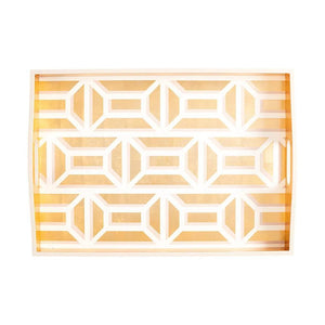 Caspari's Garden Gate Lacquer Large Rectangle Tray in White & Gold - ironyhome