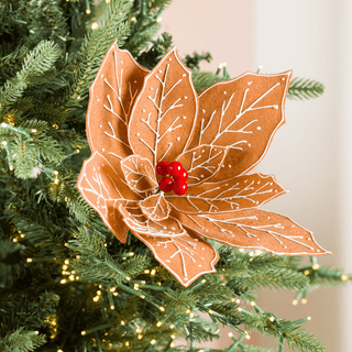 13-inch gingerbread felt poinsettia pick with red berrie - Irony Home