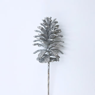 Frosted Holiday Glitter Pinecone Pick Silver