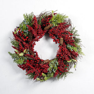 26" Wreath with Red Berries and Pine Needles