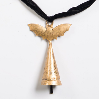 Antique Gold Bat Bell with Black Velvet Ribbon