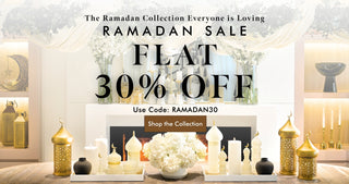 Advertisement for a Ramadan sale with decorative items and promotional text.