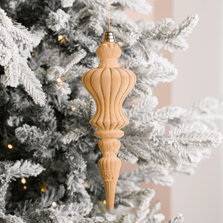 Beige Flocked Gold Glitter Finial Ornament 12-Inch - Irony Home