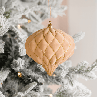 Beige Flocked Gold Glitter Net Onion Ball Ornament 6-inch - Irony Home
