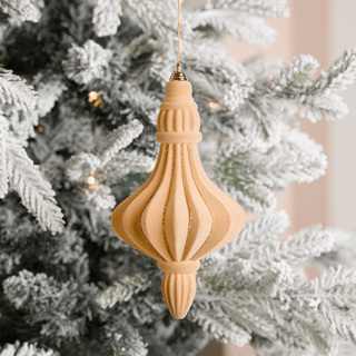 Beige Flocked Gold Glitter Stripe Chandelier Ornament 8.5-Inch - Irony Home