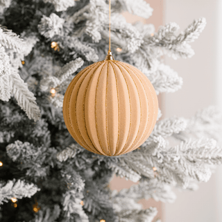 Beige Flocked Gold Glitter Stripe Pumpkin Ball 6-inch - Irony Home