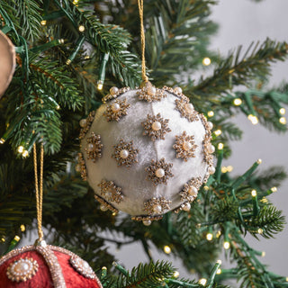 Bejewelled Cream Velvet Ball Ornament - ironyhome
