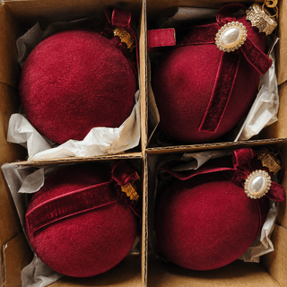Burgundy Flocked Glass Ornament Set with Bow - Irony Home