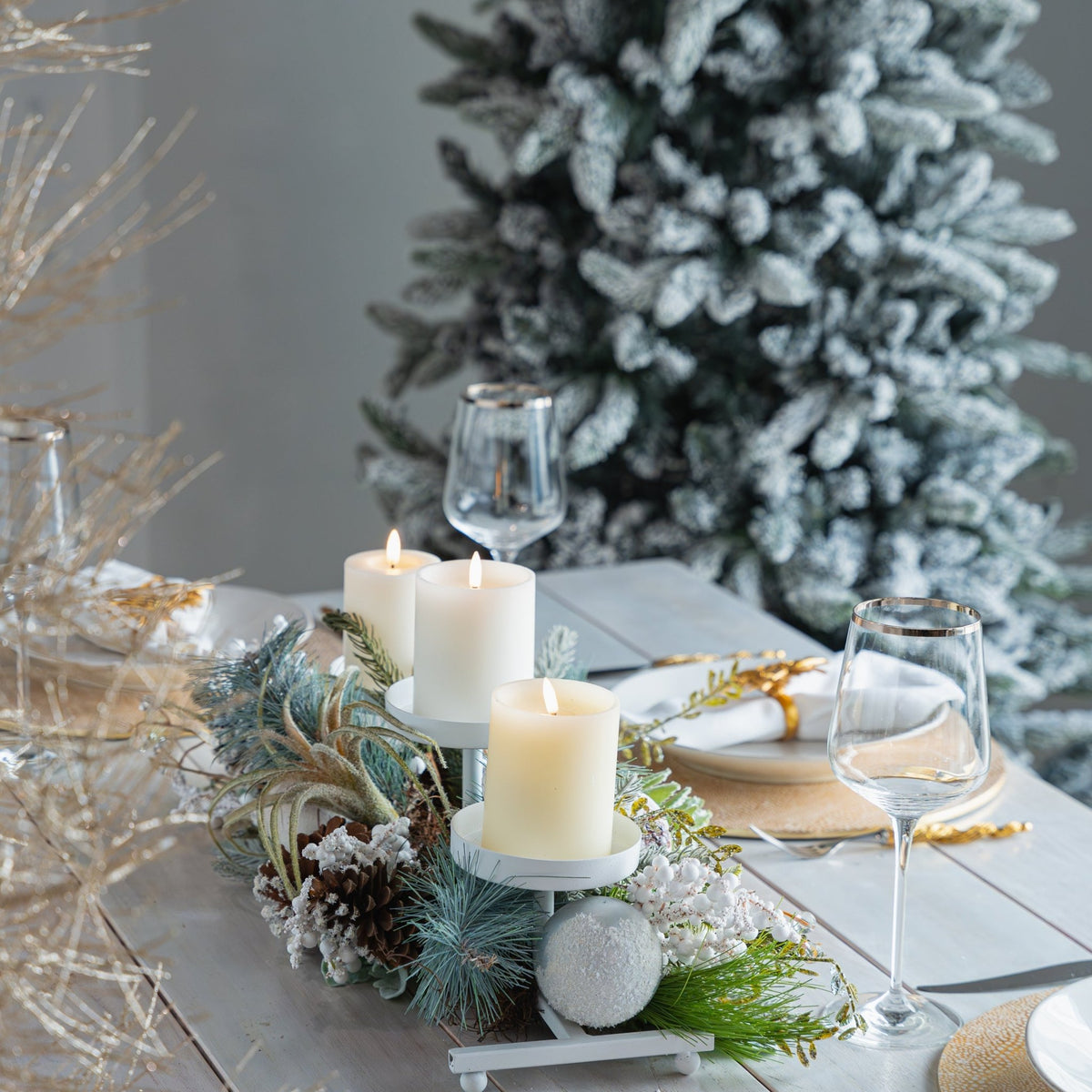 Christmas Centerpiece with 3-Candle Holders, Foliage and Pinecones