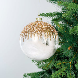 Clear Glass Ball Ornament with Feather and Champagne Glitter - ironyhome
