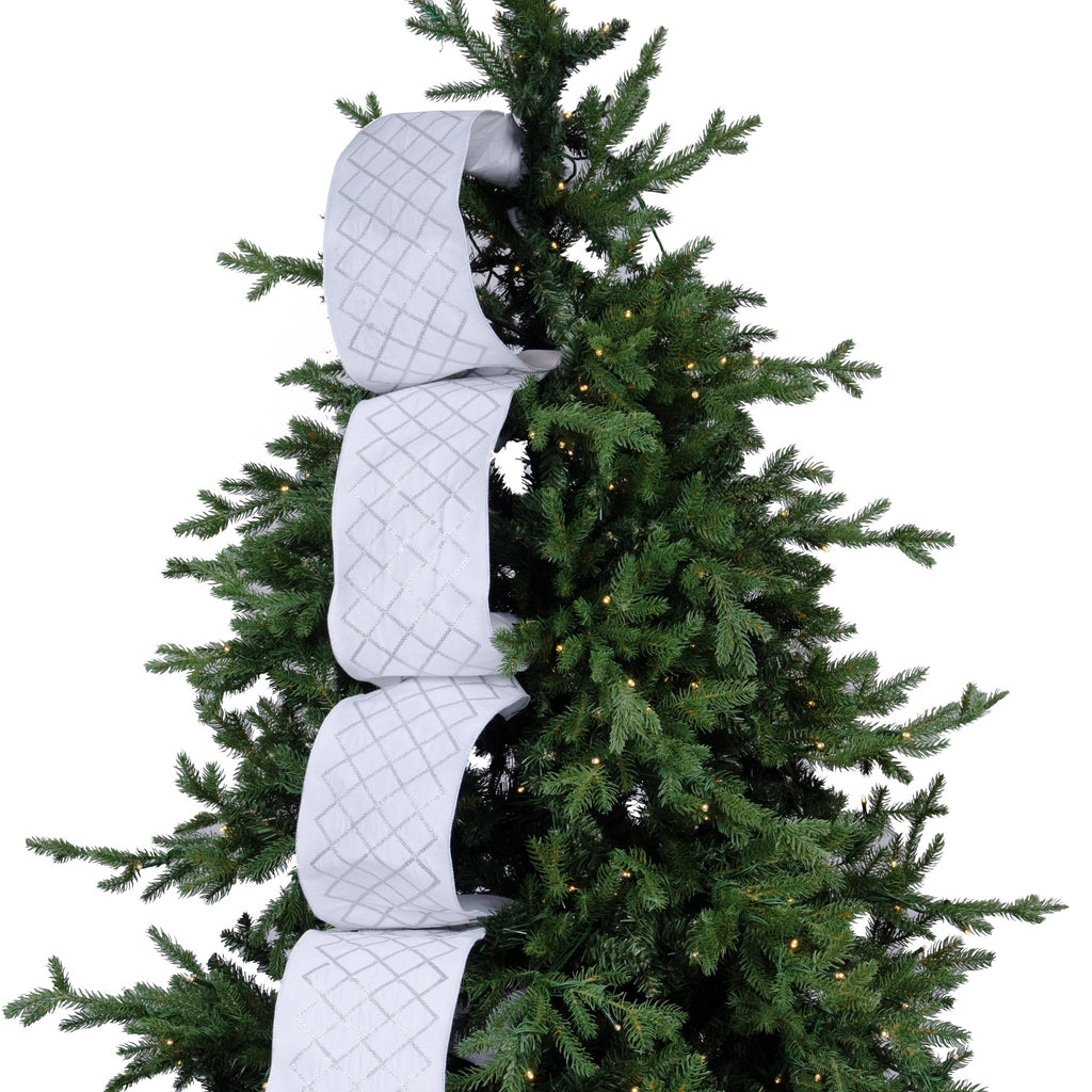 Dupion Tree Ribbon with Checkered Silver Pattern - Irony Home