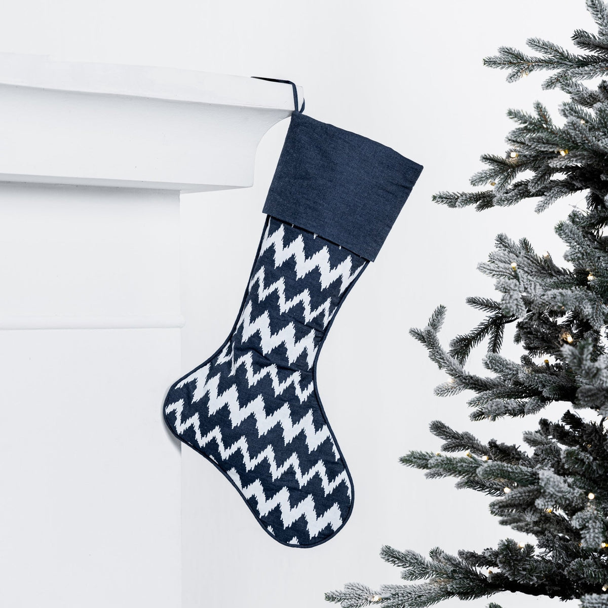 Festive Stocking with Ikat Print - White & Blue