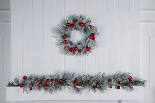 Flocked Festive Foliage Wreath with Red Balls & Pinecones - ironyhome