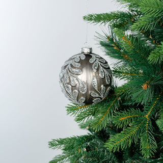 Grey Glass Ball Ornament with Silver Glitter Paisley - ironyhome