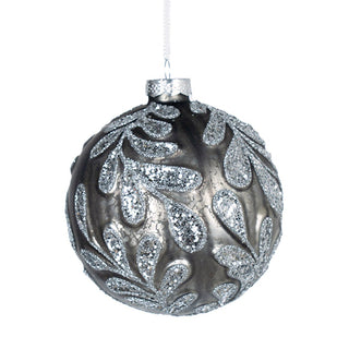 Grey Glass Ball Ornament with Silver Glitter Paisley - ironyhome