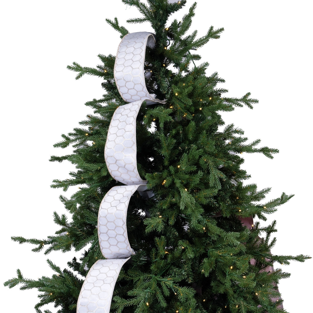 Ivory Velvet Tree Ribbon with Gold Honey Comb Pattern - Irony Home