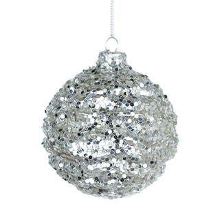 Luxury Silver Glass Ball Ornament with Glittered Ribbed Finish - ironyhome