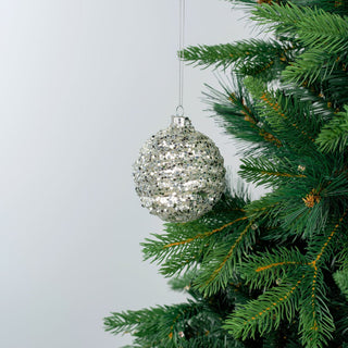 Luxury Silver Glass Ball Ornament with Glittered Ribbed Finish - ironyhome
