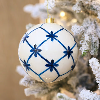 Navy Blue And White Lattice Glass Ball Ornament - ironyhome