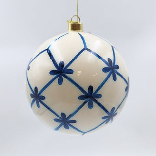 Navy Blue And White Lattice Glass Ball Ornament - ironyhome