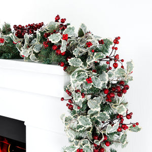 Red Berry and Holly Leaves Banister Garland