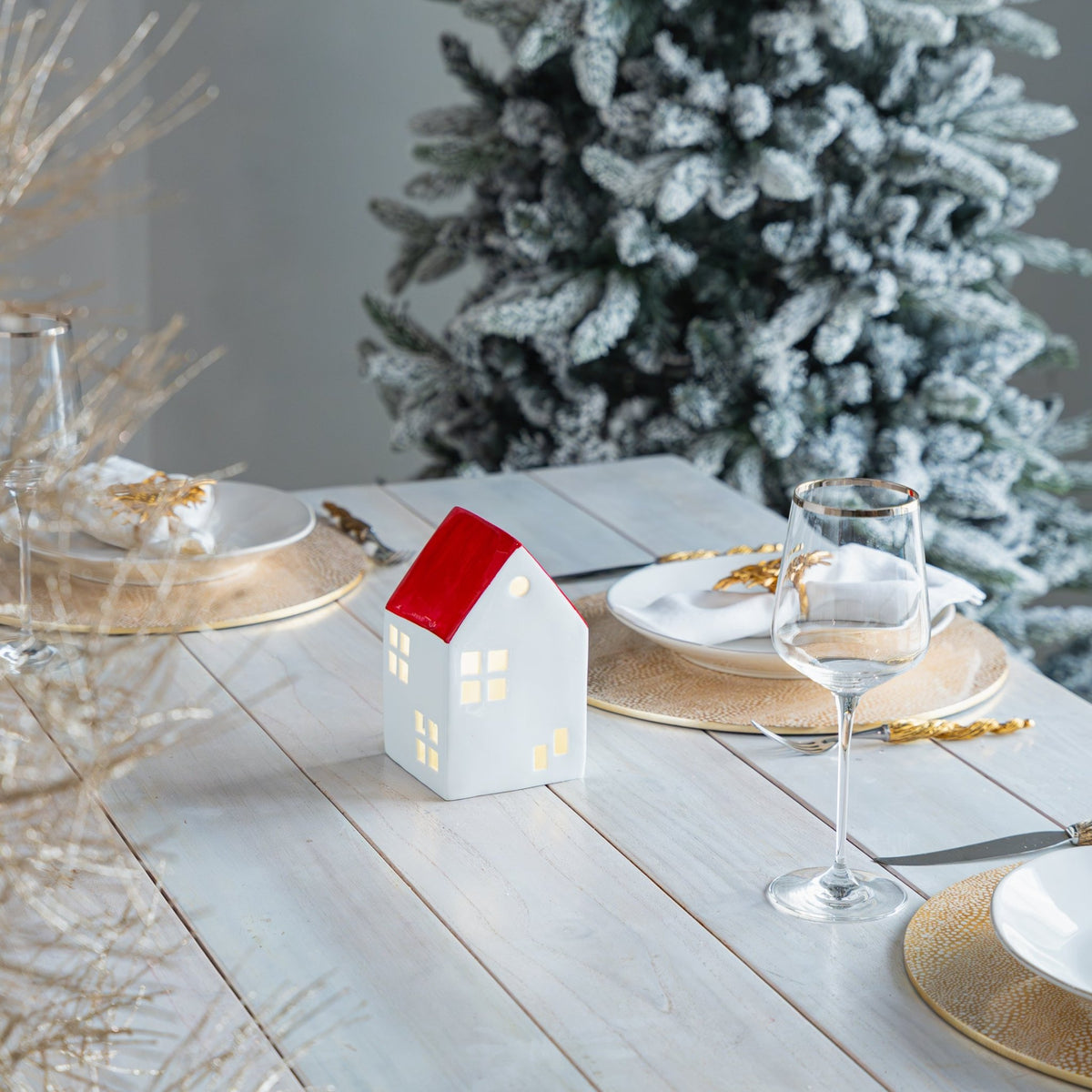 Red Glazed Porcelain Christmas House Table Top