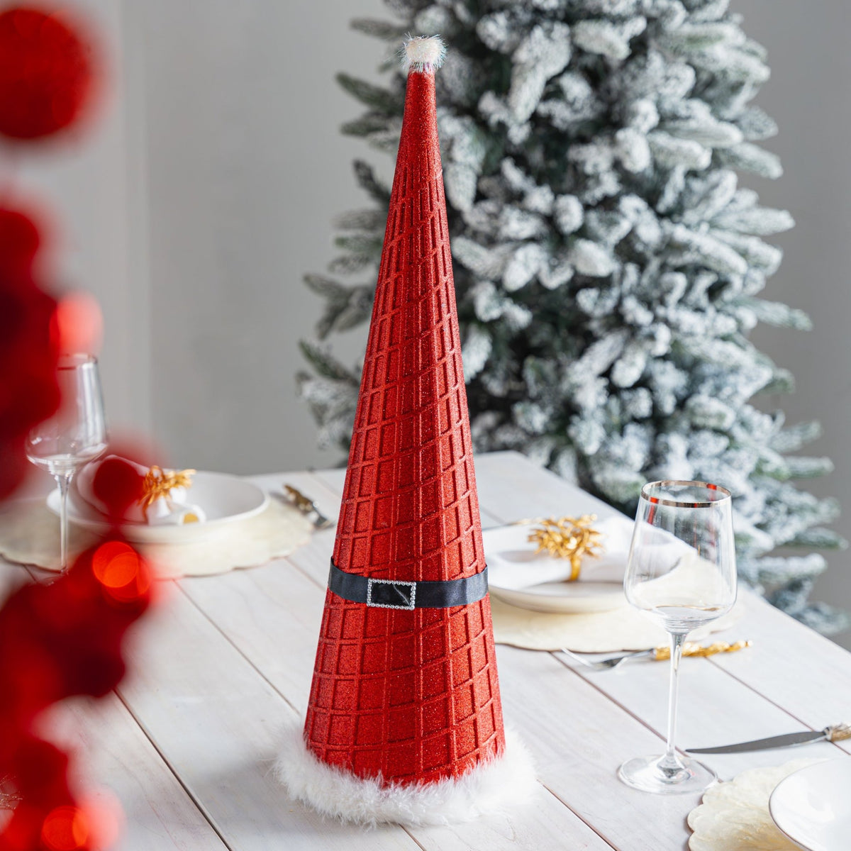 Red Glitter Santa Inspired Cone Tree Table Top - Set of 2