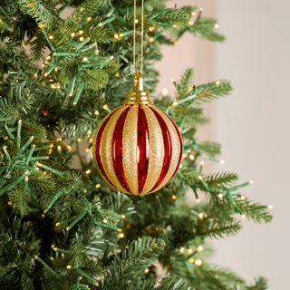 Red Gold Glitter Shiny Stripe Ball Ornament 4-inch - Irony Home