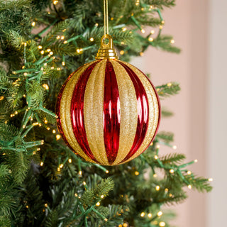 Red Gold Glitter Stripe Ball Ornament 6" - Irony Home