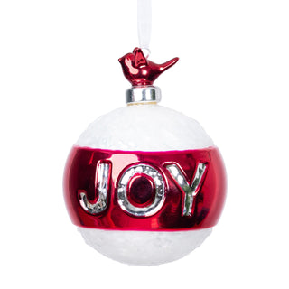 Red & Silver Bird Top Ball "JOY" Ornament with Glitter - ironyhome