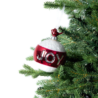 Red & Silver Bird Top Ball "JOY" Ornament with Glitter - ironyhome