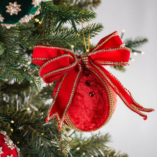 Red Velvet Ball Ornament With Rhinestones & Bow - ironyhome