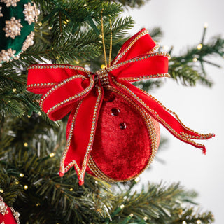Red Velvet Ball Ornament With Rhinestones & Bow - ironyhome