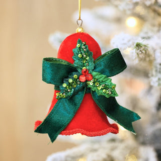 Red Velvet Bell Ornament with Green Holly - ironyhome