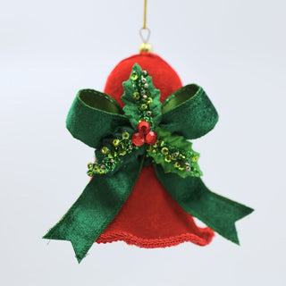 Red Velvet Bell Ornament with Green Holly - ironyhome