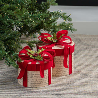 Rounded Cream Gift - Box With Red Ribbon (Set of 2) - ironyhome