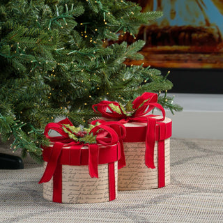 Rounded Cream Gift - Box With Red Ribbon (Set of 2) - ironyhome