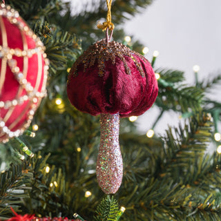 Rustic Burgundy & Gold Velvet Mushroom Ornament - ironyhome