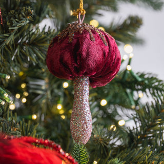 Rustic Burgundy & Gold Velvet Mushroom Ornament - ironyhome