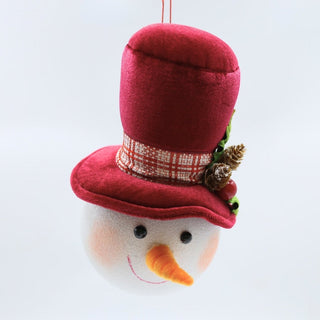 Snowman Head Ornament With Burgundy Holly Hat - ironyhome