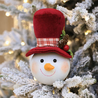 Snowman Head Ornament With Burgundy Holly Hat - ironyhome
