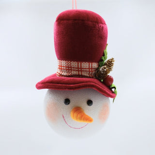 Snowman Head Ornament With Burgundy Holly Hat - ironyhome
