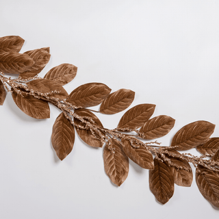 Toasted Brown Velvet Magnolia Leaf Garland with Champagne Sequin Branches - Irony Home