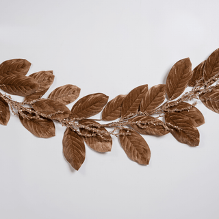 Toasted Brown Velvet Magnolia Leaf Garland with Champagne Sequin Branches - Irony Home