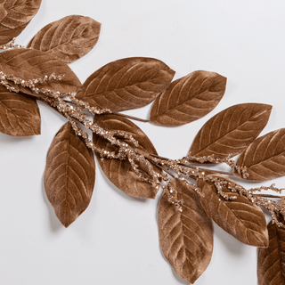 Toasted Brown Velvet Magnolia Leaf Garland with Champagne Sequin Branches - Irony Home