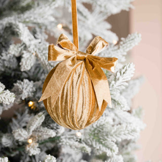 Toffee Brown Velvet Ball Ornament with Bow - Irony Home