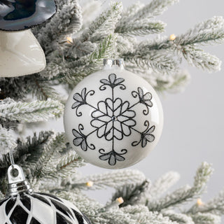 White Ball Ornament with Glitter Floral Detail - ironyhome