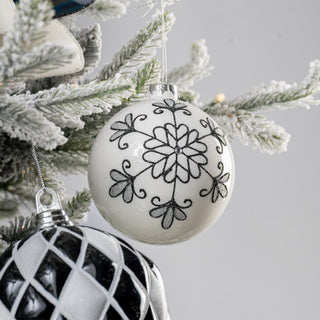 White Ball Ornament with Glitter Floral Detail - ironyhome