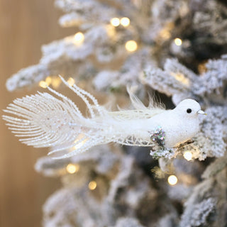 White Bird Ornament with Peacock Tail - ironyhome